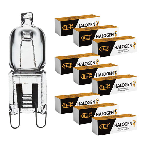 Clear Lens 40W G9 120V Halogen Bulbs Set Of 10 For Hanging Pendants And Chandeliers Sconces And Down Lamps JD T4 Type Warm 2700K High CRI No Blue Light packaging with bulb close-up