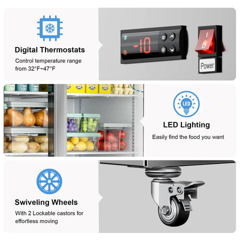 Digital control panel of Badass Heavy Duty Upright Commercial Refrigerator Featuring 49 Cubic Feet Cooling Capacity And Durable Fingerprint Resistant Steel Shelves For Busy Kitchens.