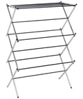 Hassle Free Top Shelf Foldable Indoor Clothes Drying Rack Heavy Duty Steel Laundry Stand For No Sweat Garment Care Rust Proof Chrome Finish Compact Storage Ready with black and chrome finish design.