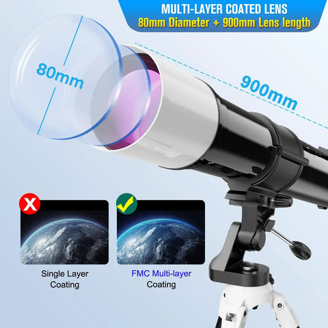 High Powered 80mm 900mm Refractor Telescope with FMC Multi-layer Coating and AZ Mount