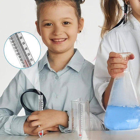 12-Pack V Shaped Dual Scale Mercury Free Lab Thermometers For Classroom Science, Easy Read Celsius And Fahrenheit Readouts, Kid Friendly School Supplies For Students And Adults, Individually Packaged For Simple Storage. Children holding dual-scale lab thermometers