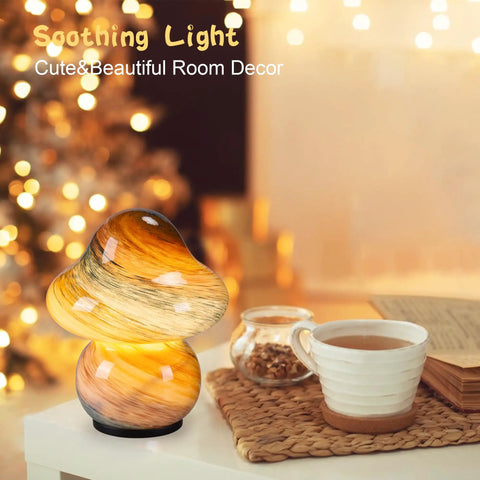 Pacifier Shaped Mushroom Lamp With Stepless Dimmable Glass Bedside Table Lamp on cozy table, warm ambient glow