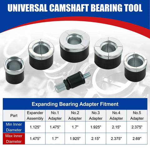 Cam Bearing Removal And Installation Tool Set For Camshaft Bearings Ranging From 1-1/8 Inch To 2-2/3 Inch with adapter sizes chart