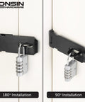 Built Tough 4 Inch Door Padlock Hasp Latch In Genuine 304 Stainless Steel With Sleek Matte Black Finish For Backyard Sheds Gates Toolboxes Solid One Piece Security Hardware Single Pack, showing 180° and 90° installation.