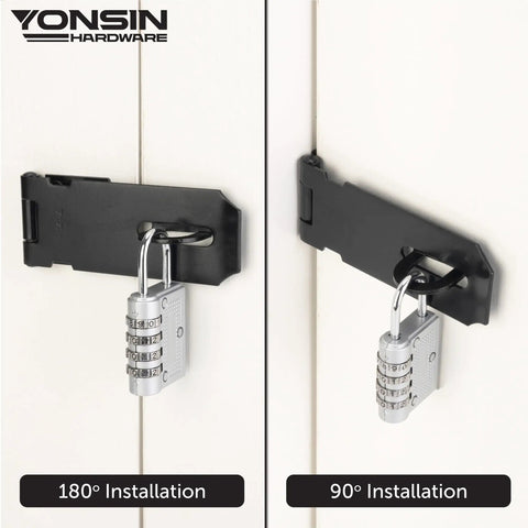 Built Tough 4 Inch Door Padlock Hasp Latch In Genuine 304 Stainless Steel With Sleek Matte Black Finish For Backyard Sheds Gates Toolboxes Solid One Piece Security Hardware Single Pack, showing 180° and 90° installation.