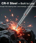 Close-up of a CR-V steel screwdriver bit creating sparks against dark rocks, highlighting durability for 60 In 1 Precision Screwdriver Set With Magnetic Pop Up Case CRV Bits Mini Drivers For Fixing Phones Watches Laptops And Gadgets The Real Deal For Any Electronics Repair Job 360 Spin Head Design.