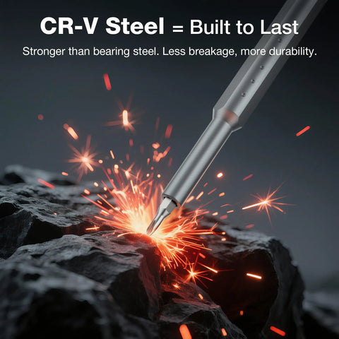 Close-up of a CR-V steel screwdriver bit creating sparks against dark rocks, highlighting durability for 60 In 1 Precision Screwdriver Set With Magnetic Pop Up Case CRV Bits Mini Drivers For Fixing Phones Watches Laptops And Gadgets The Real Deal For Any Electronics Repair Job 360 Spin Head Design.