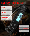 Ultra Fast Pro Grade Meat Thermometer With Thermocouple Sensor Instant Read In Under 1 Second And Half Degree Fahrenheit Accuracy Waterproof Digital Kitchen Thermometer For Cooking BBQ Grilling And Smoking Gift For Him Dad Birthday showing LCD display and probe on grill