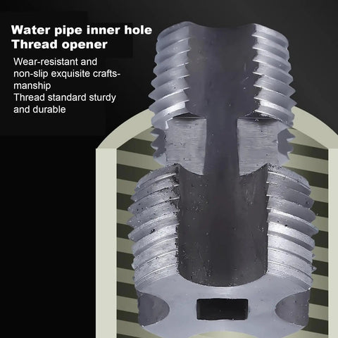 Heavy Duty Portable Pipe Internal Threader showing precise thread cutting for 1/2, 3/4, and 1 inch pipes in durable metal.