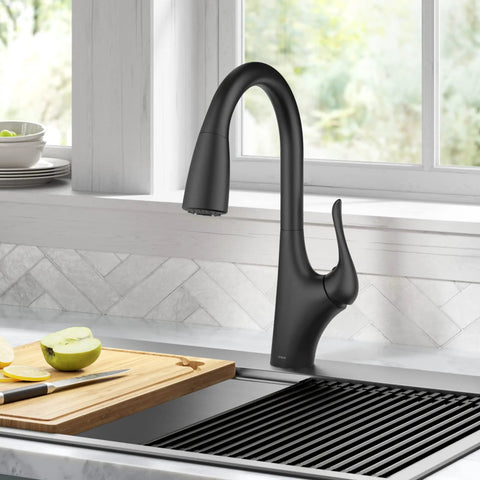 Merlin Transitional Pull-Down Kitchen Faucet With Single Handle Matte Black Finish in modern kitchen setting