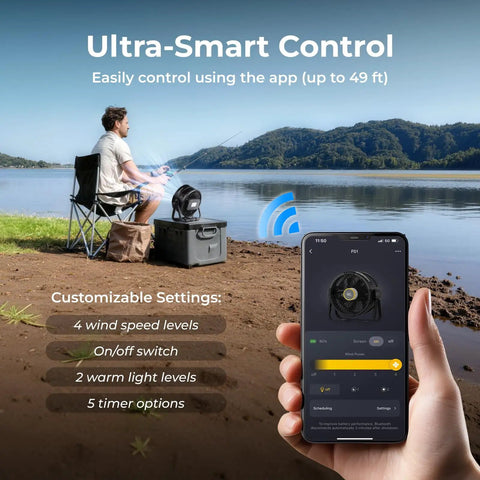 Person controlling Rechargeable 20000mAh Portable Fan With 4 Speed Settings 9 Inch Blade via app by a lakeside