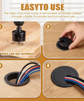 10 Pack Black Desk Cable Grommets for Easy Wire Management, Plastic Hole Covers That Hide Cords and Keep Your PC Desk Clean, 1.5 Inch Size, Simple Install, Durable Office Cord Organizer shown in installation steps