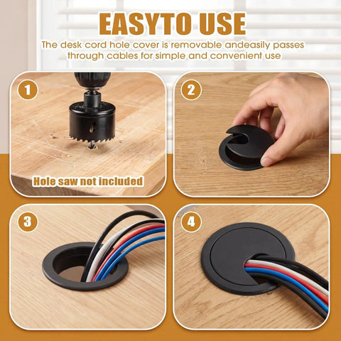 10 Pack Black Desk Cable Grommets for Easy Wire Management, Plastic Hole Covers That Hide Cords and Keep Your PC Desk Clean, 1.5 Inch Size, Simple Install, Durable Office Cord Organizer shown in installation steps