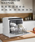 Easy Setup Countertop Dishwasher With Smart Delay Timer And Zero Plumbing Hookups Required Dishes Up Five Plus One Wash Cycles, compact design in kitchen.
