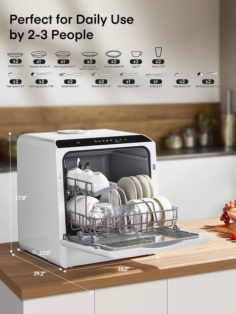 Easy Setup Countertop Dishwasher With Smart Delay Timer And Zero Plumbing Hookups Required Dishes Up Five Plus One Wash Cycles, compact design in kitchen.