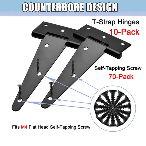 Heavy Duty Shed Door Hinges 6 Inch T Strap With 70 Screws Includes Mounting Hardware Rust Proof Black Powder Coated Gate Hinges