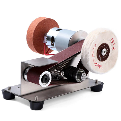 Super Slick Mini Belt Sander With Seven Adjustable Speed Settings For Knife Sharpening And Woodworking Or Light Metal Grinding No Fuss Compact Power Tool on a stainless steel base.