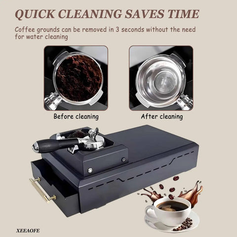 Electric Portafilter Cleaner With Rugged Knock Box No Sweat Espresso Cleanup Gear For Serious Baristas showing before and after cleaning.