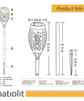 Diagram of Outdoor Solar Flickering Torch Lights 8 Pack Waterproof Patio Tiki Lamps with dimensions and specs