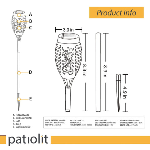 Diagram of Outdoor Solar Flickering Torch Lights 8 Pack Waterproof Patio Tiki Lamps with dimensions and specs