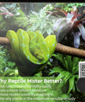 Reptile Humidifier Misting System For Terrariums Must Have Automatic Operation With Adjustable Spray Nozzles And 360 Degree Rotating Mist High Density Humidity Booster For Lizard And Frog Habitats Black demonstrating misting on a green snake.