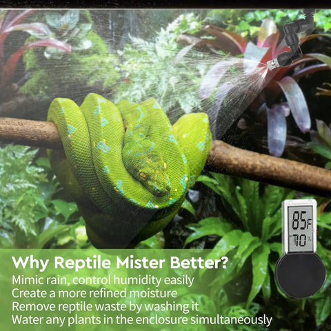 Reptile Humidifier Misting System For Terrariums Must Have Automatic Operation With Adjustable Spray Nozzles And 360 Degree Rotating Mist High Density Humidity Booster For Lizard And Frog Habitats Black demonstrating misting on a green snake.