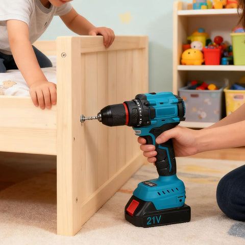 Rugged Brushless Cordless Drill Delivers 55 Nm Of Knob Twisting Torque And Twin Speed Settings For Crushing Wood Metal Or Masonry Work With A Locked Down 3/8 Inch Jaw And Authentic Us Plug, drilling into a wooden bed frame.