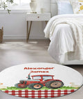 Farm Tractor Round Rugs For Bedroom And Living Room Soft Flannel Circle Carpet Machine Washable And Non Slip Backing Red Checkered Design Cozy Nursery And Dorm Decor 80CM