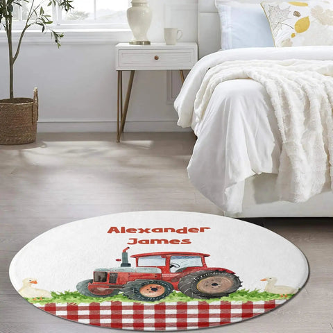 Farm Tractor Round Rugs For Bedroom And Living Room Soft Flannel Circle Carpet Machine Washable And Non Slip Backing Red Checkered Design Cozy Nursery And Dorm Decor 80CM