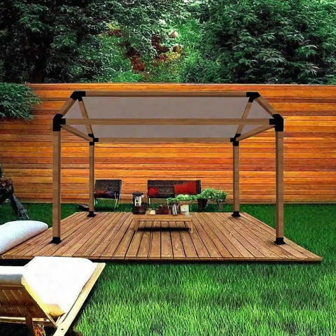 14 Piece 30 Degree Slanted Pergola Bracket Kit For 4x4 Wood Posts, DIY Roof installed on backyard deck with outdoor furniture.