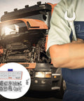 Mechanic with a wrench beside open truck hood and Metric Grease Fittings Kit With 60 And 120 Piece Zerk Assortment inset image.