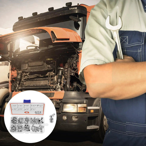 Mechanic with a wrench beside open truck hood and Metric Grease Fittings Kit With 60 And 120 Piece Zerk Assortment inset image.