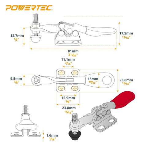 Set Of Four Horizontal Toggle Clamps With Lightning Smooth Release And Sixty Pound Locking Strength Featuring Dead Nuts Tight Nonskid Rubber Pads For Rock Solid Control On Woodworking Jigs Fixtures And Welding Work