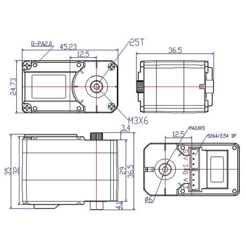 Technical diagram of 12V 30kg Magnetic Encoder Servo with dual axis metal gear, TTL serial bus control, 360 degree rotation and feedback