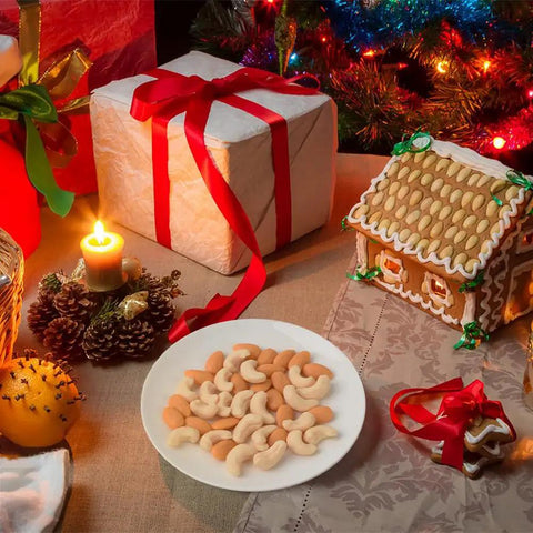Festive decor setup with Set Of 100 Realistic Fake Almond And Cashew Nuts For Home Decor And Photography Props on a table