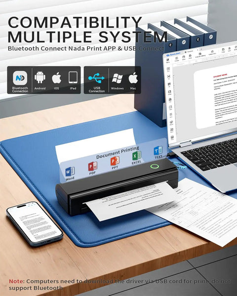 Travel Ready Portable Bluetooth Thermal Printer For On The Go, Inkless N80 Wireless Printer on desk with laptop and phone.