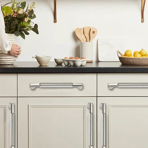 2-Pack 8-Inch Polished Nickel Cabinet Pulls Heavy-Duty Solid Handles for Kitchen Cabinets, shown on drawer and door fronts