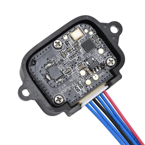 Close-up of Ultra Accurate Lidar Range Finder Sensor For Raspberry Pi And Pixhawk, VCSEL Micro Ranging Module with exposed wiring.
