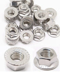 Badass Heavy Duty 304 Stainless Steel M10 X 1.25mm Hex Serrated Flange Nuts 30 Piece Set bright finish on a white background.