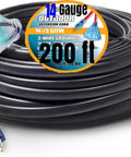 Heavy Duty 200 Ft Outdoor Extension Cord With 14 Gauge 3-Conductor SJTW, Lighted End And Triple Outlet, coiled view