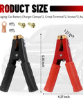 Heavy Duty Car Battery Clamp Set 2 Pack, 12-24V 1000A Peak Jump Starter Alligator Clips with dimensions and hardware