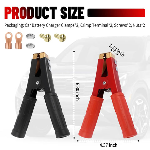Heavy Duty Car Battery Clamp Set 2 Pack, 12-24V 1000A Peak Jump Starter Alligator Clips with dimensions and hardware