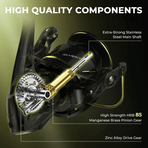 Sharky X Spinning Reel With Six Point Two To One Gear Ratio And Carbon Fiber Drag 33 Lb And Thirty Nine And A Half Pound Ten Plus One