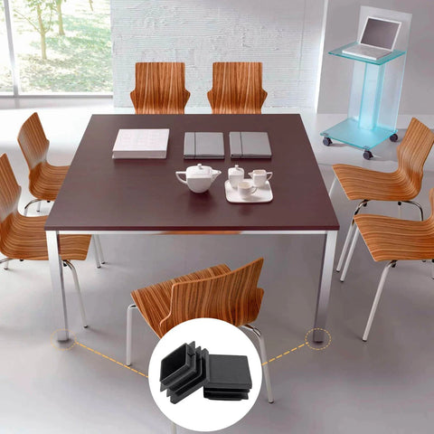 30 Pack One And One Half Inch Square Plastic End Caps for Square Tubing Chair Legs Fence Black shown installed on table feet.