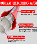 Heavy Duty Red Rubber Air Compressor Hose 3/8 Inch Inner Diameter Six Feet Long with durable and flexible inner layers.