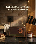 Vintage Wooden AM FM Bluetooth Radio Speaker With 10 Watts Power And Retro Dial With Soft Glow Bass and Volume Control on kitchen counter