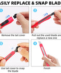 Red 4-pack retractable box cutter knife with blade replacement steps: remove tail cover, swap blade, snap on, finish.