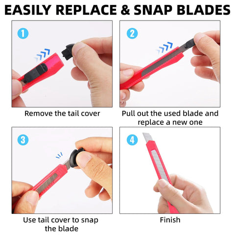 Red 4-pack retractable box cutter knife with blade replacement steps: remove tail cover, swap blade, snap on, finish.