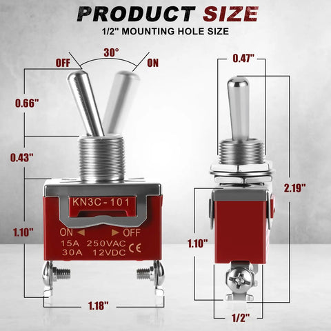 Dimensions of 4 Pack SPST Toggle Switches On Off 12V DC 30A Heavy Duty Waterproof with Boot Cap Cover, showing measurements