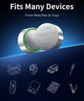 Sixty Pack LR44 Batteries Plus AG13 A76 L1154F SR44 Button Cells - two LR44 alkaline batteries with device compatibility text.